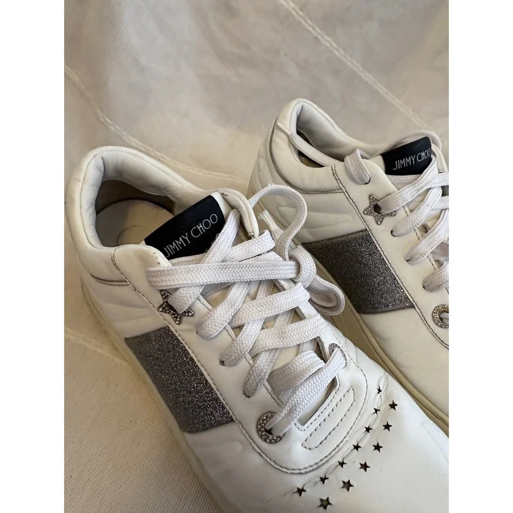 Jimmy‎ Choo White Leather Glitter Star Low Top Platform Sneakers Womens EU 40